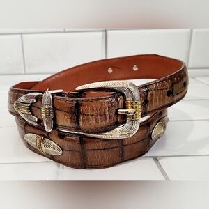 Arden Leather Co. Mens Italian Croco Calfskin Leather Belt Color Brown Silver Go